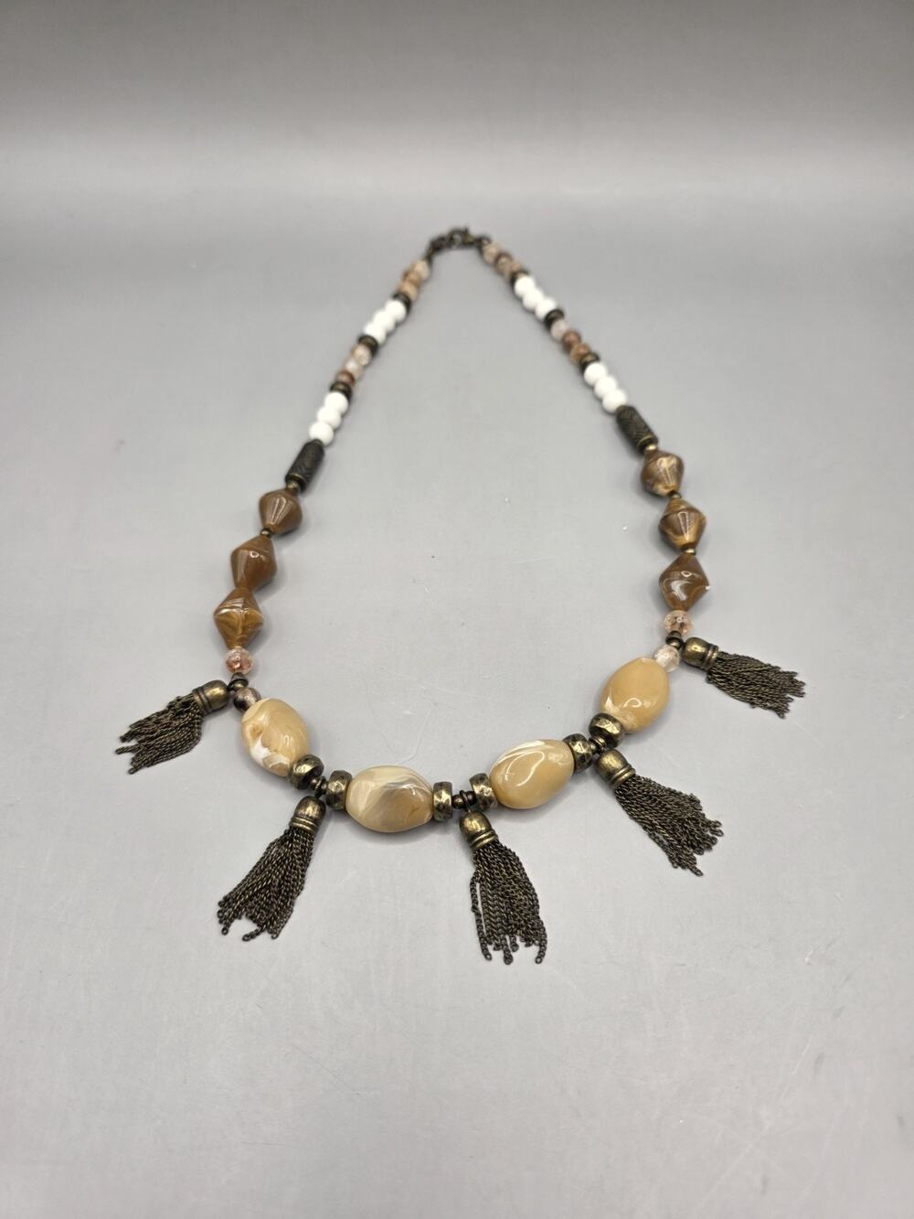Authentic Premier Designs Boho Statement Necklace Brown Agate Bead Metal Tassel